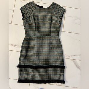 Donna Morgan Green and Black Cap-Sleeve Tweed Sheath Dress